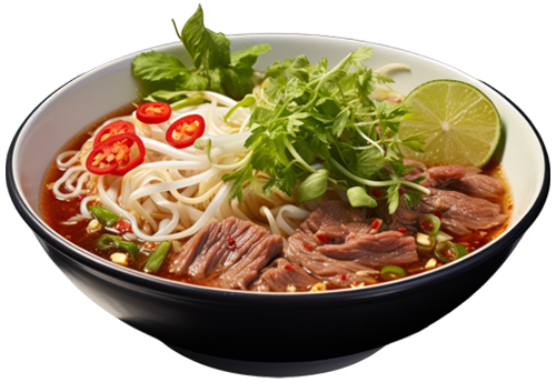 Bowl of flavorful beef noodle soup garnished with fresh herbs, lime, and red chili, representing High Brew's commitment to fresh and memorable meals.