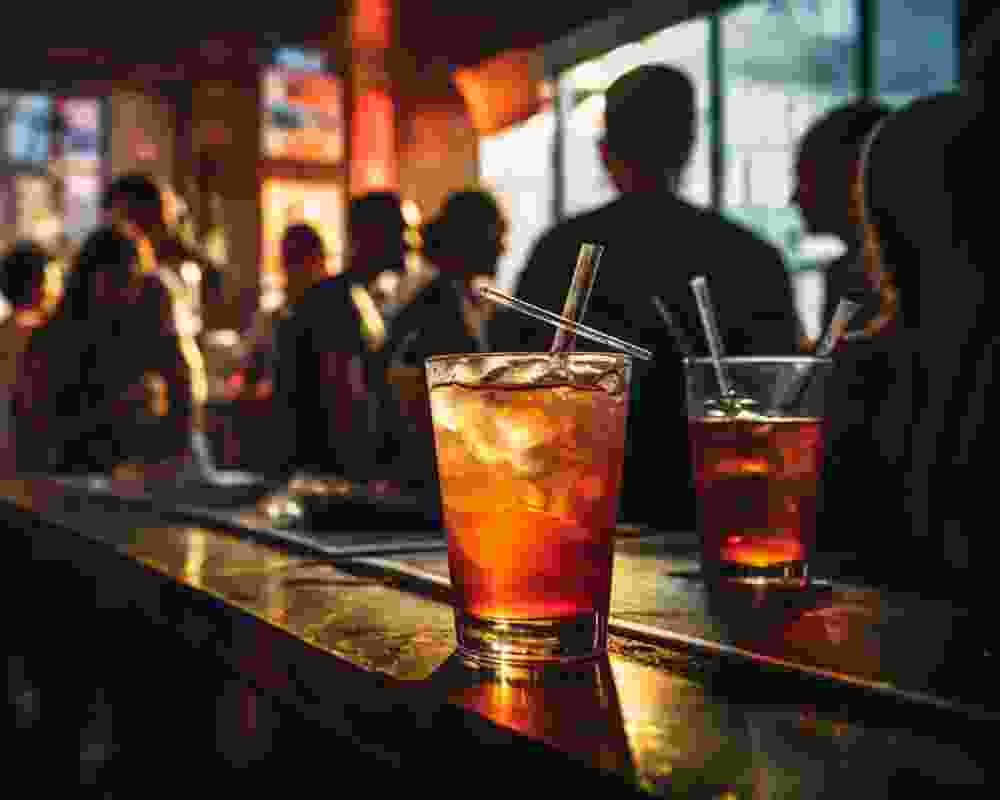 Cocktails on a bar with blurred patrons in the background, highlighting the vibrant atmosphere of High Brew's dining experience.